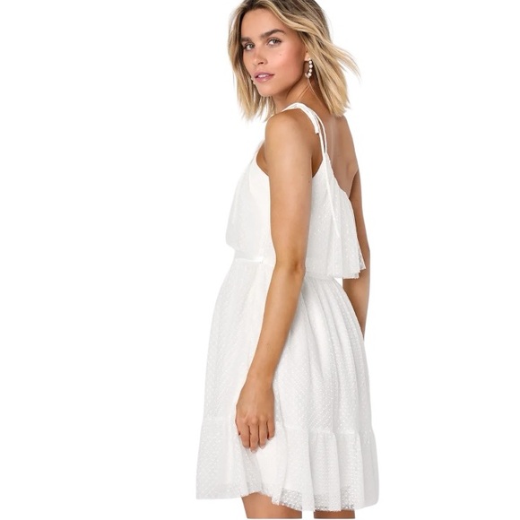 NWT Lulus White Adorable Event Swiss Dot Mesh One Shoulder Mini Dress Small - Picture 3 of 12